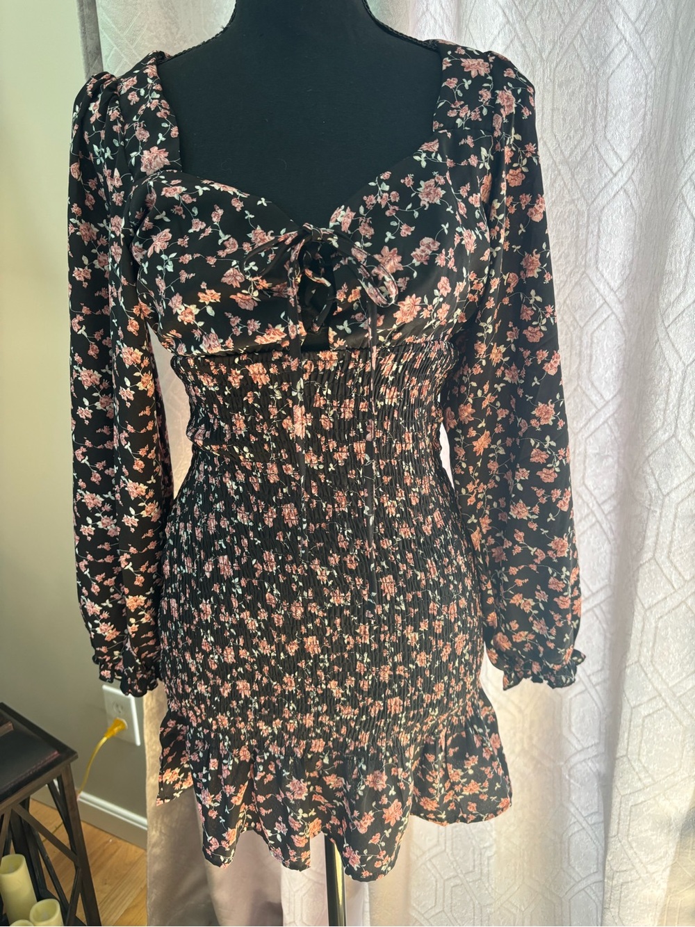 Blush Black Mini Dress with Pink Floral Print size small